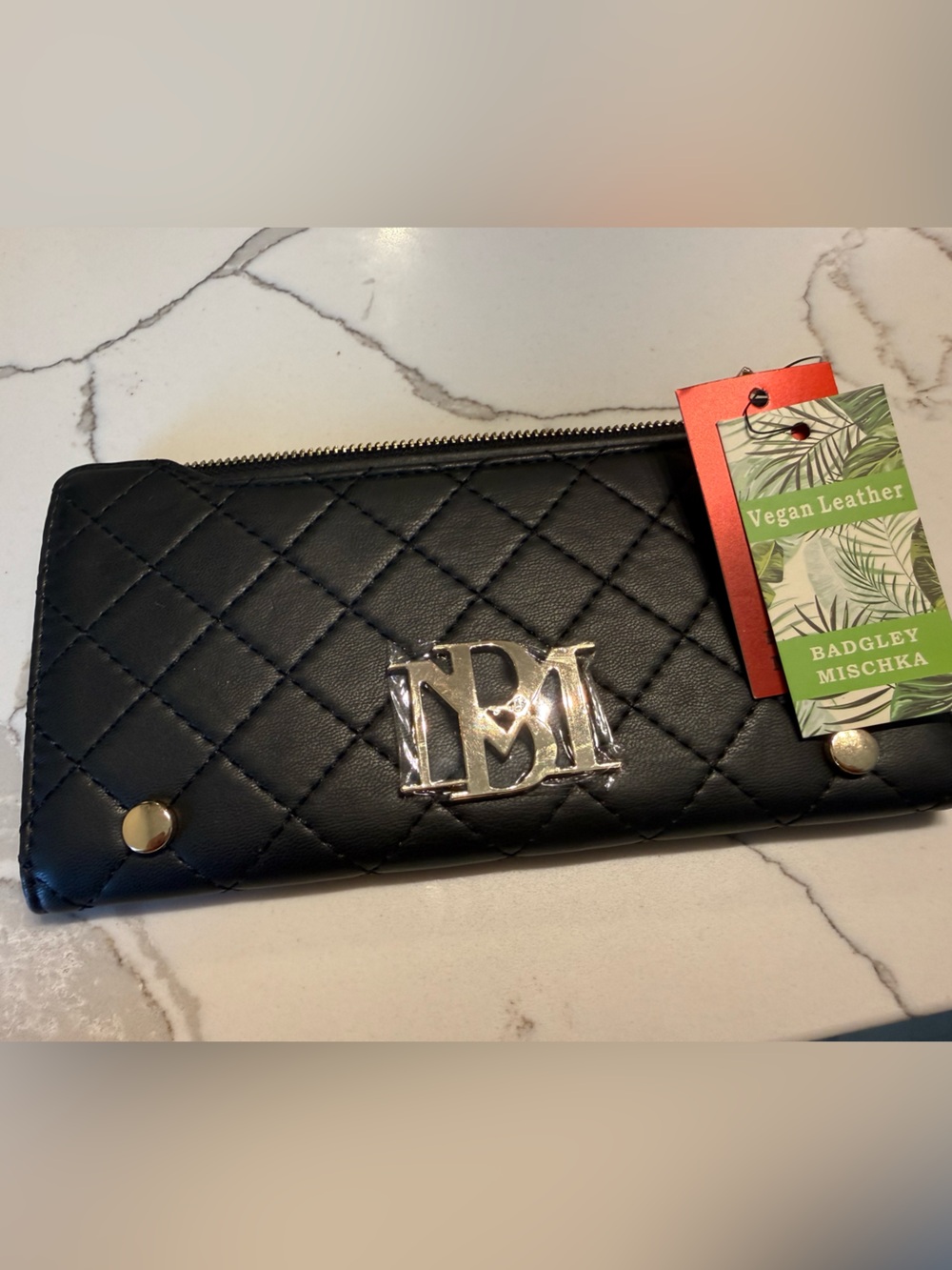 Badgley Mischka Black Quilted Vegan Leather Zip Phone Wallet with Logo